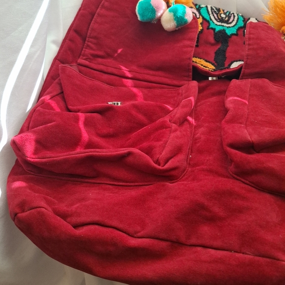 America & Beyond Drawstring Pom Pom Backpack  Floral Suede School Bag Girls Gift - Picture 11 of 17